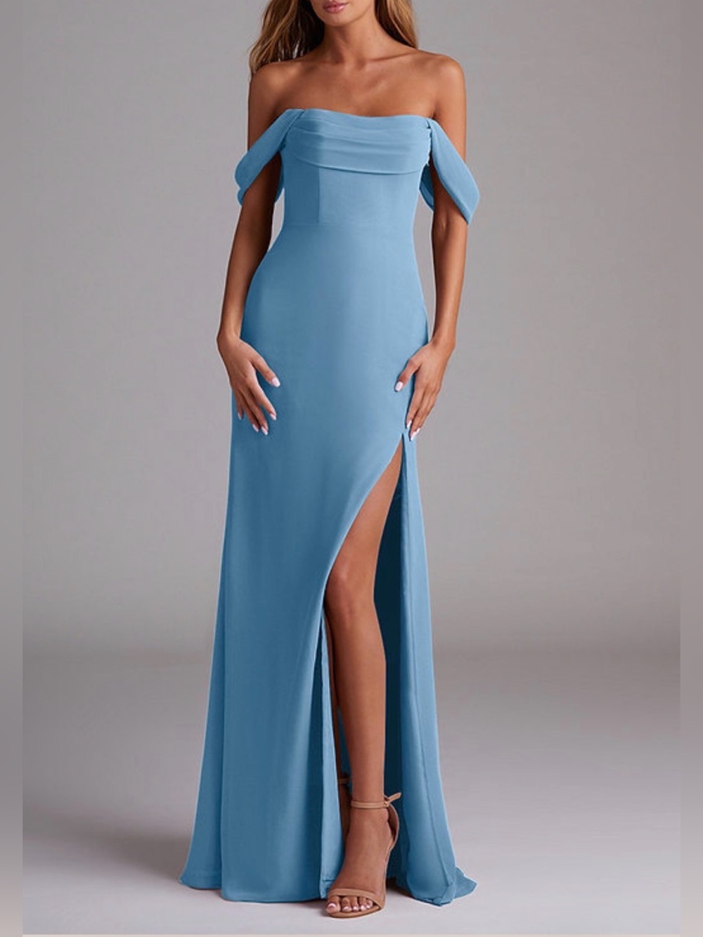 Azazie Strapless Steel Blue Formal Gown with Side Slit